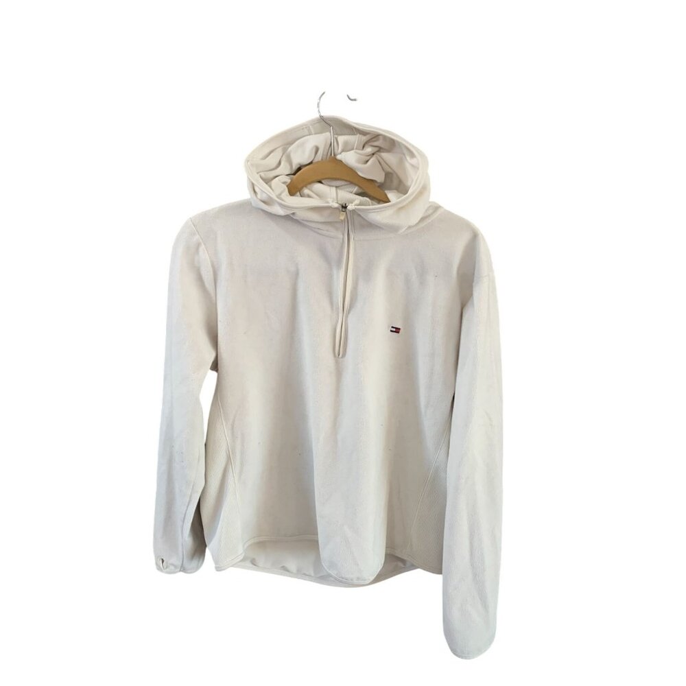 Tommy Hilfiger Womens XL White 1/2 Zip Hoodie Pull Over Sweatshirt Long Sleeve F